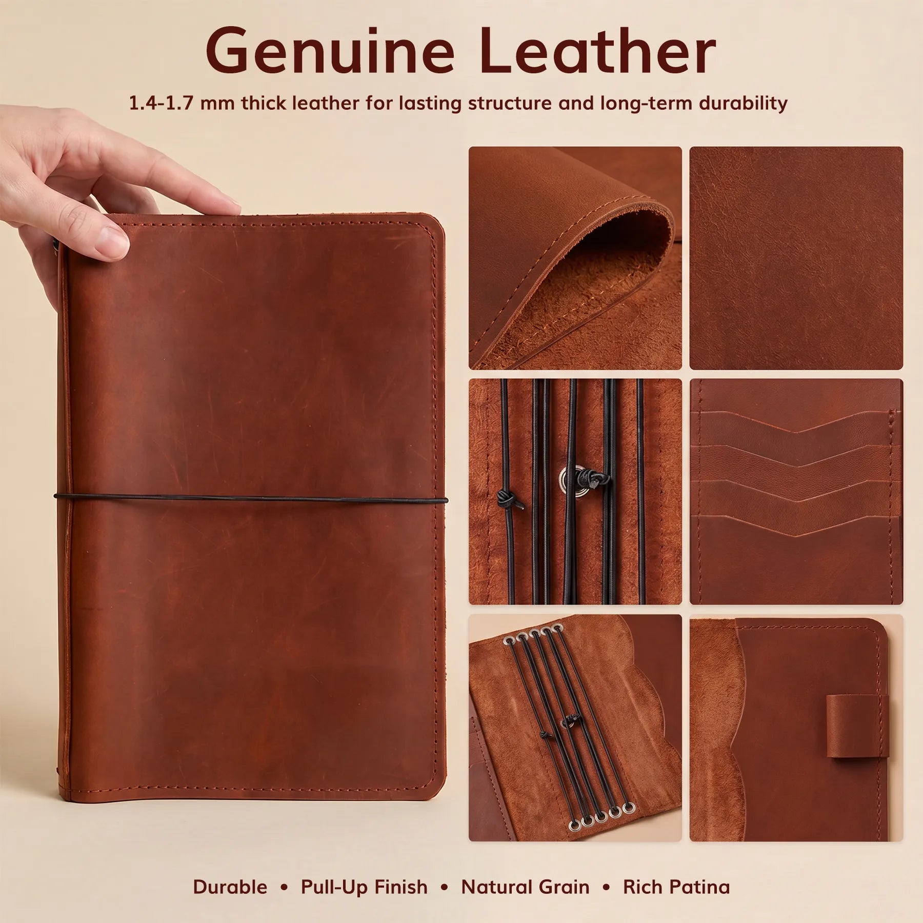 Genuine leather notebook organizer with elastic bands, pockets, and personalized engraving