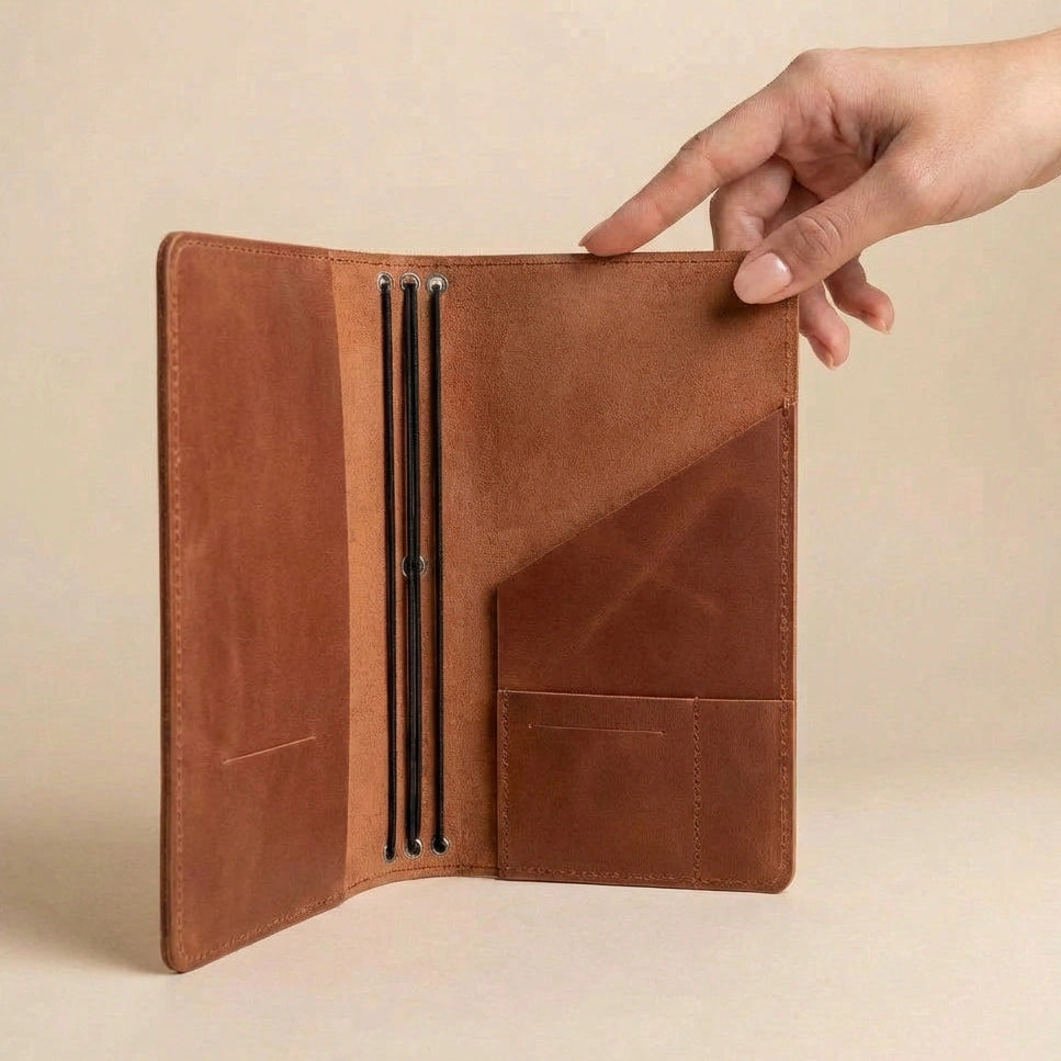 Brown leather journal cover held open by a hand on a beige background