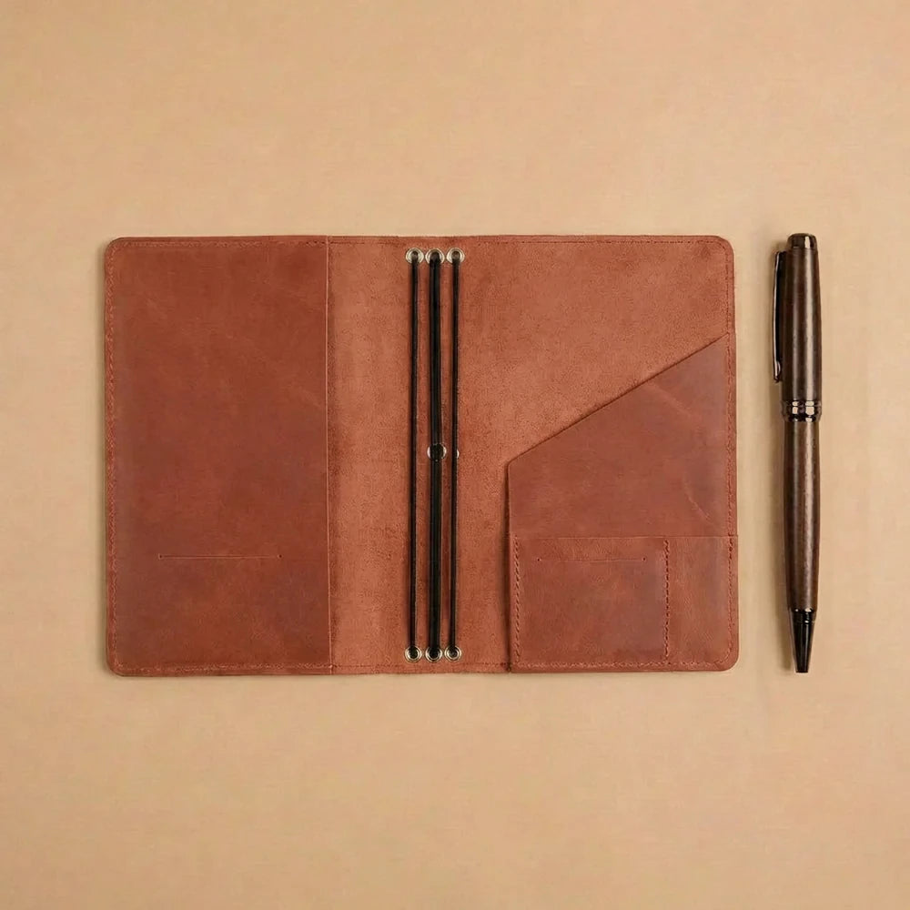 Leather notebook cover with refillable design, elastic bands, and interior card storage pockets.