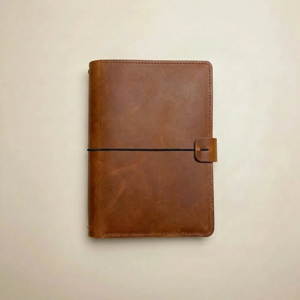 Stylish leather journal organizer with pockets and elastic notebook system.