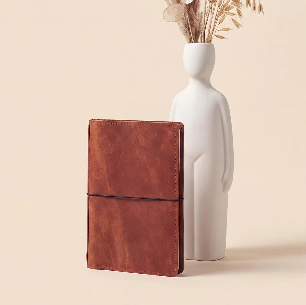 Premium handmade leather journal cover with practical pockets and secure elastic notebook holders.