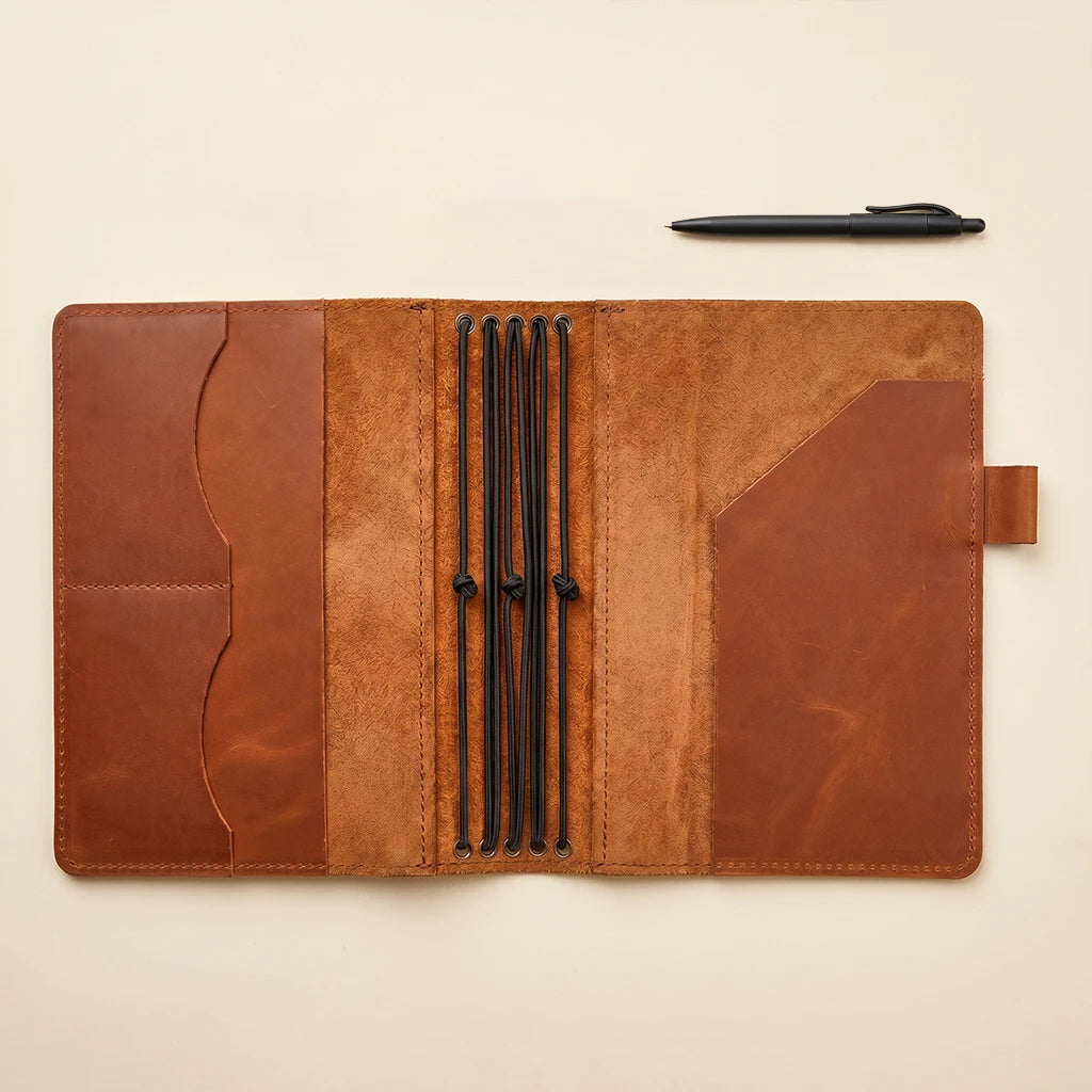 Handmade leather writing journal with five elastic insert holders inside