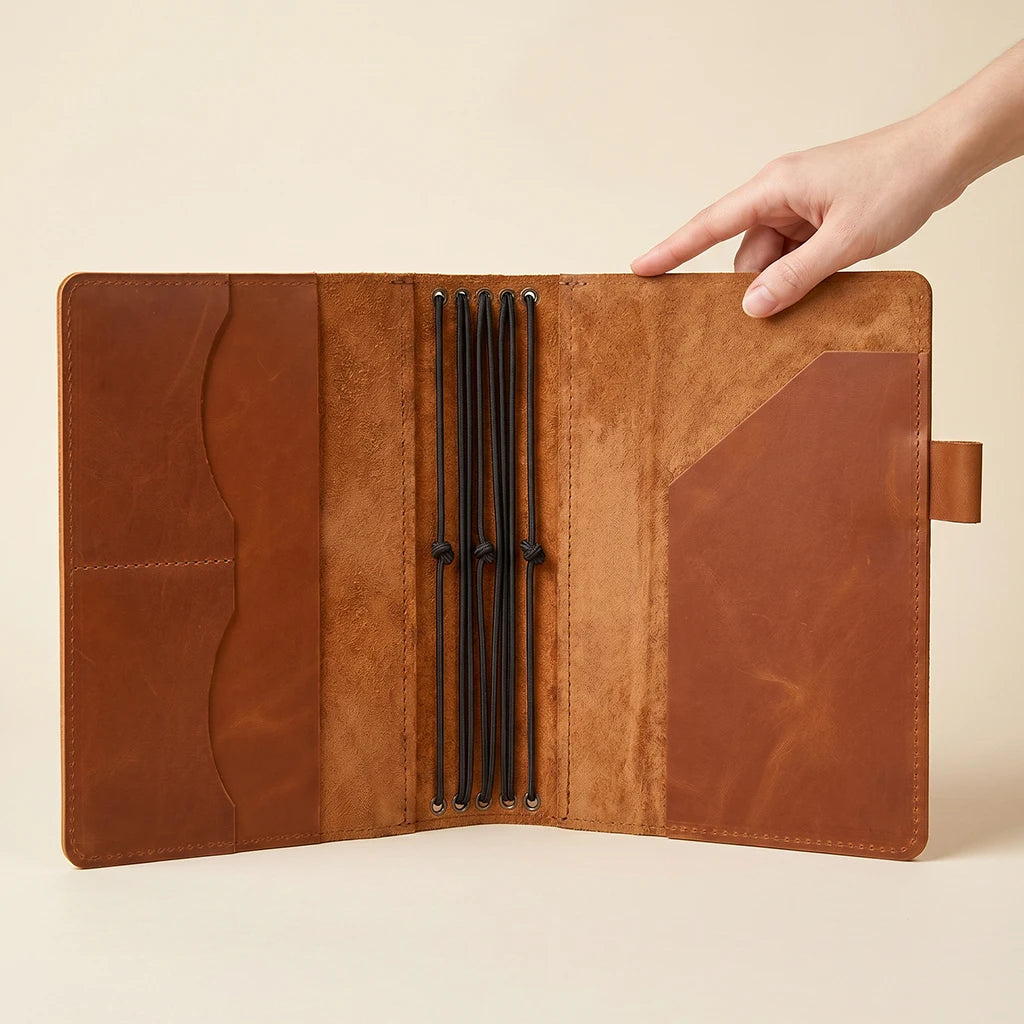 Refillable leather journal organizer with practical pen holder and pockets