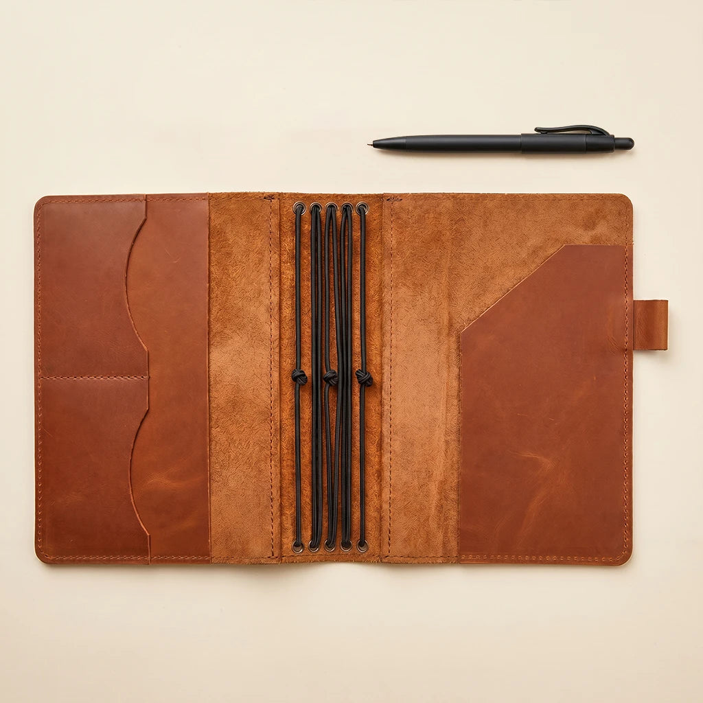 Handmade leather cover for refillable journals with pen holder feature