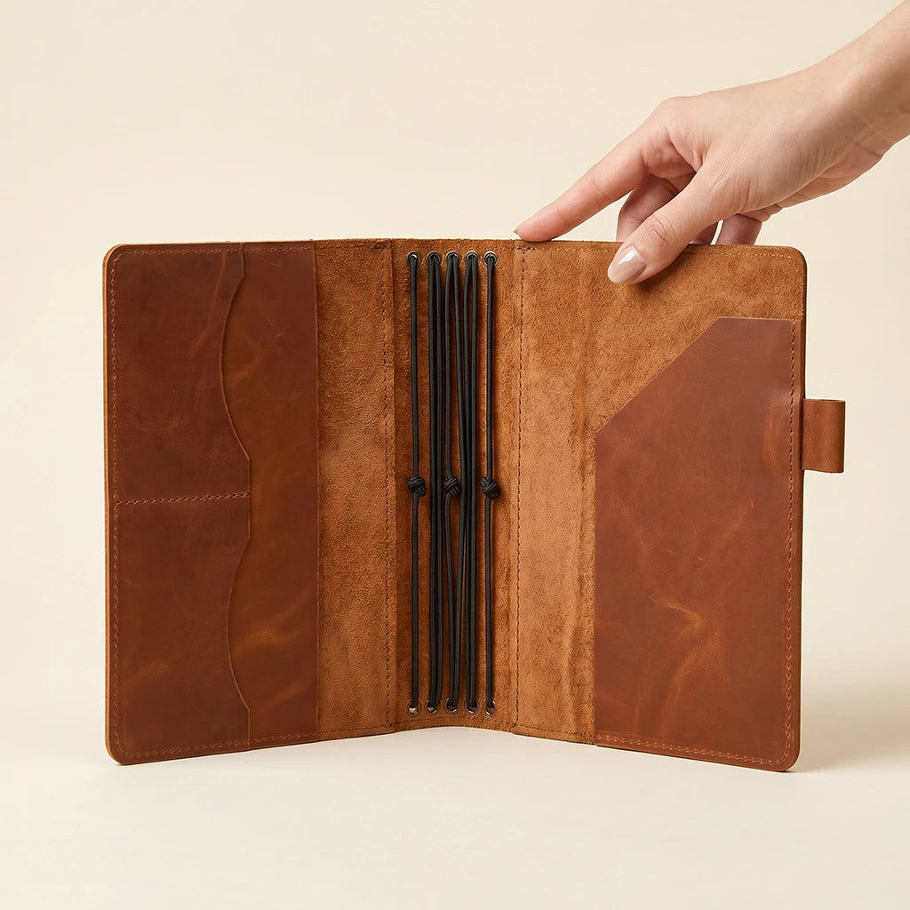 Refillable leather journal holder with five elastic bands and leather pockets