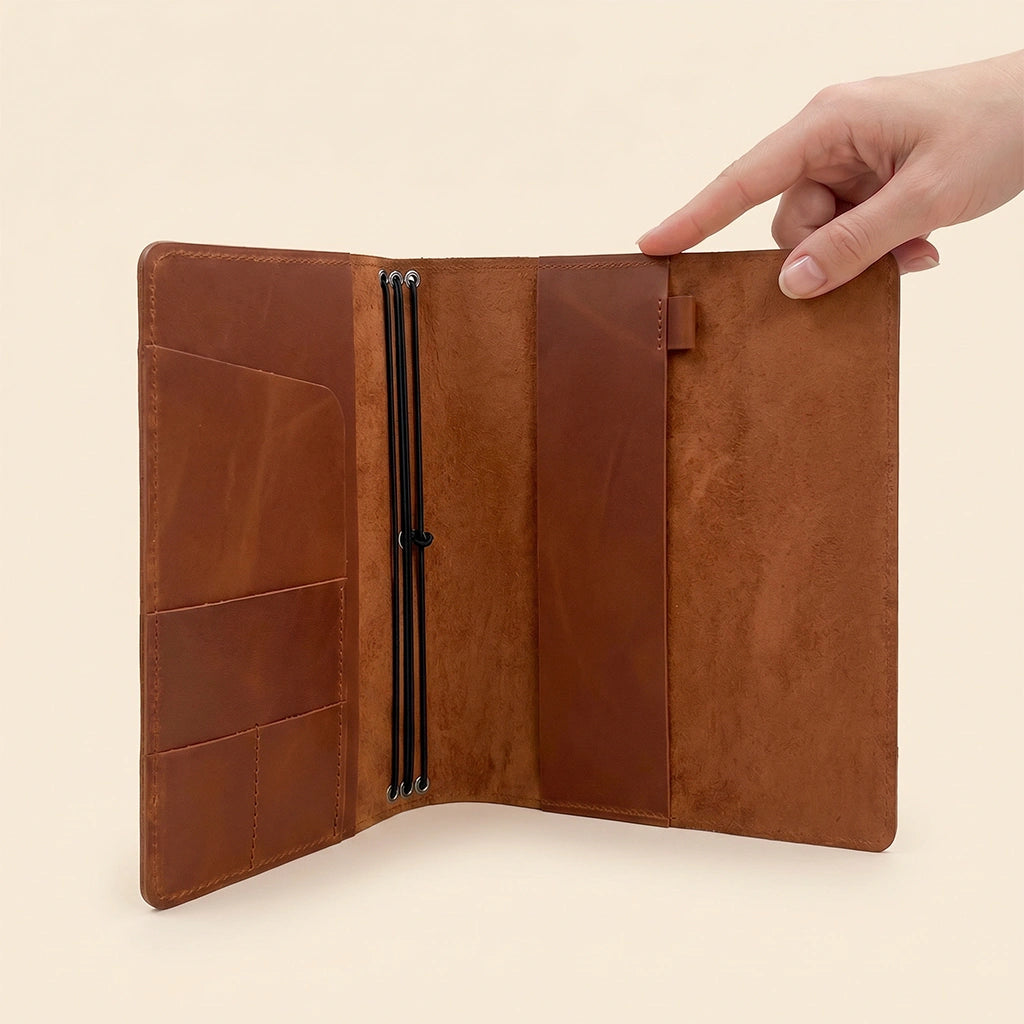 Refillable leather writing case designed for convenient daily organization and portability.
