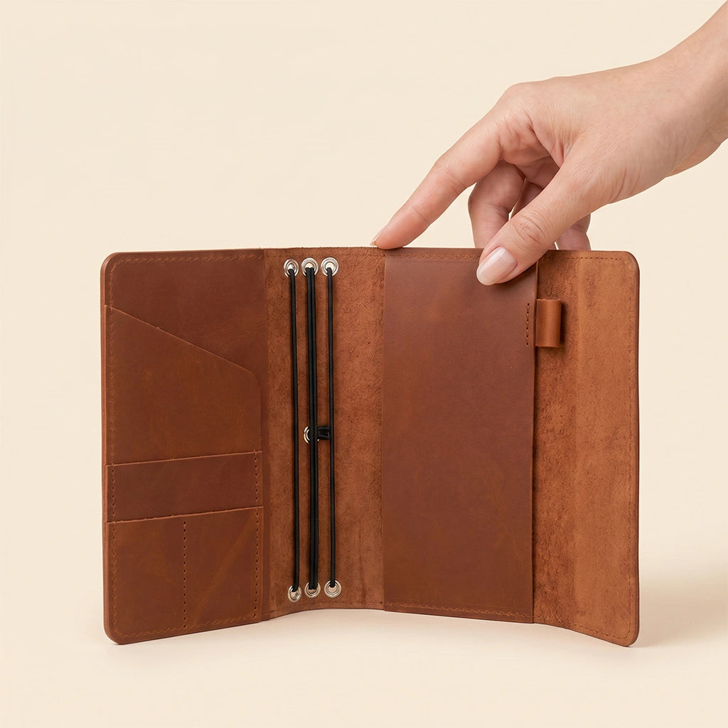 Premium leather notebook cover with organizer pockets, elastic bands, and pen holder.