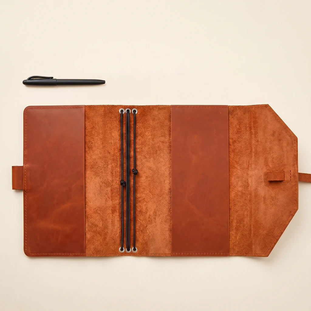 Everyday carry notebook cover made from leather with integrated pen loop.