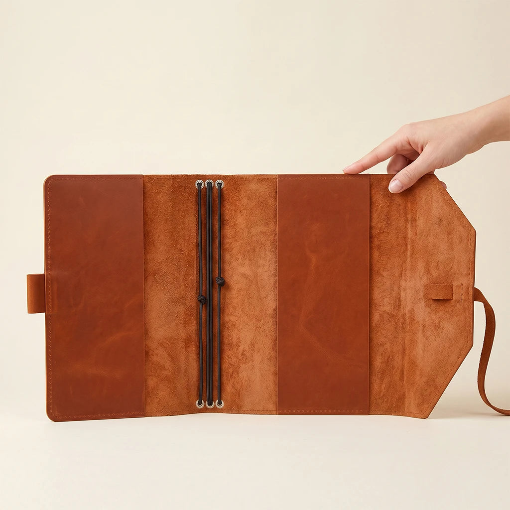 Leather notebook sleeve with stretch cords for keeping journals neatly closed.