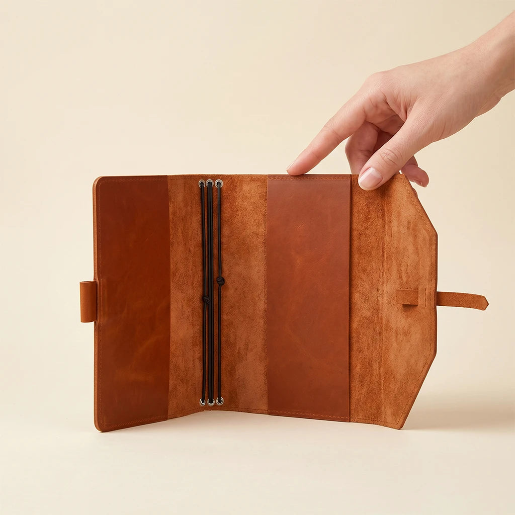 Soft genuine leather notebook cover with elastics and integrated pen loop.