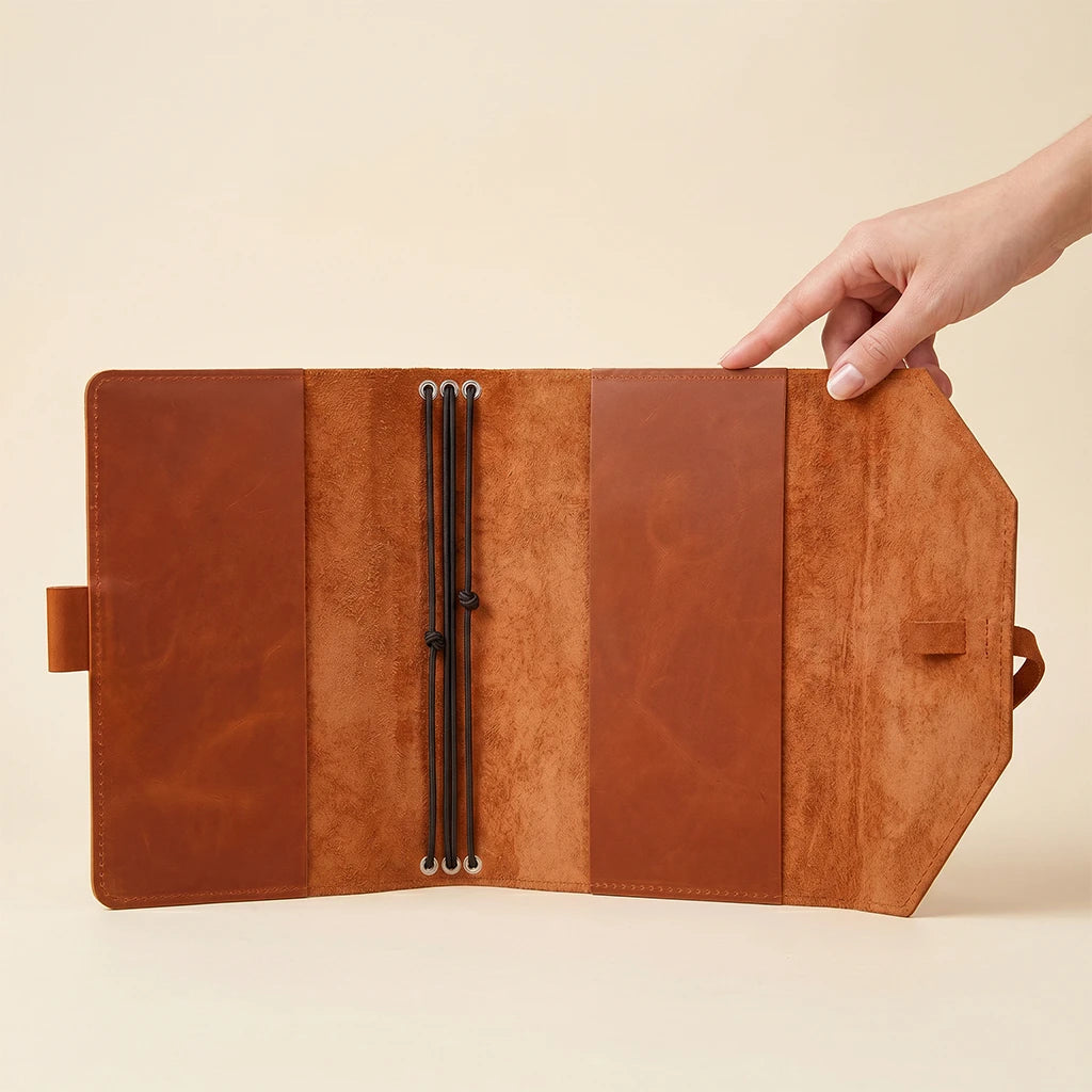 Genuine leather notebook cover combining secure elastics and convenient pen holder.