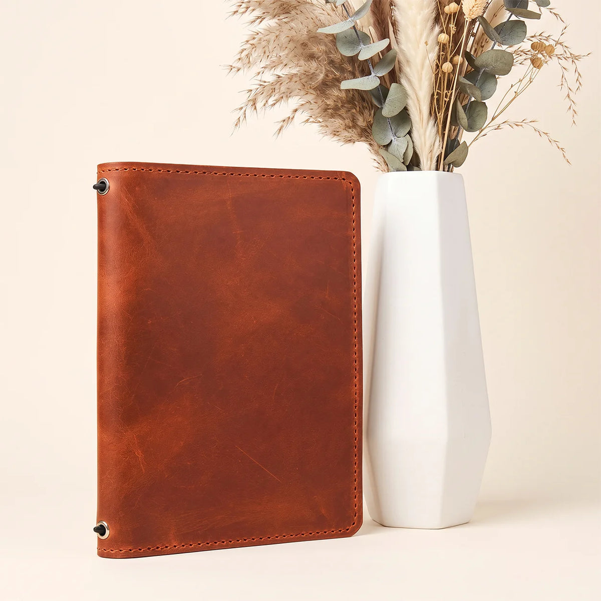 Handmade Crazy Horse leather notebook cover with organized interior storage pockets
