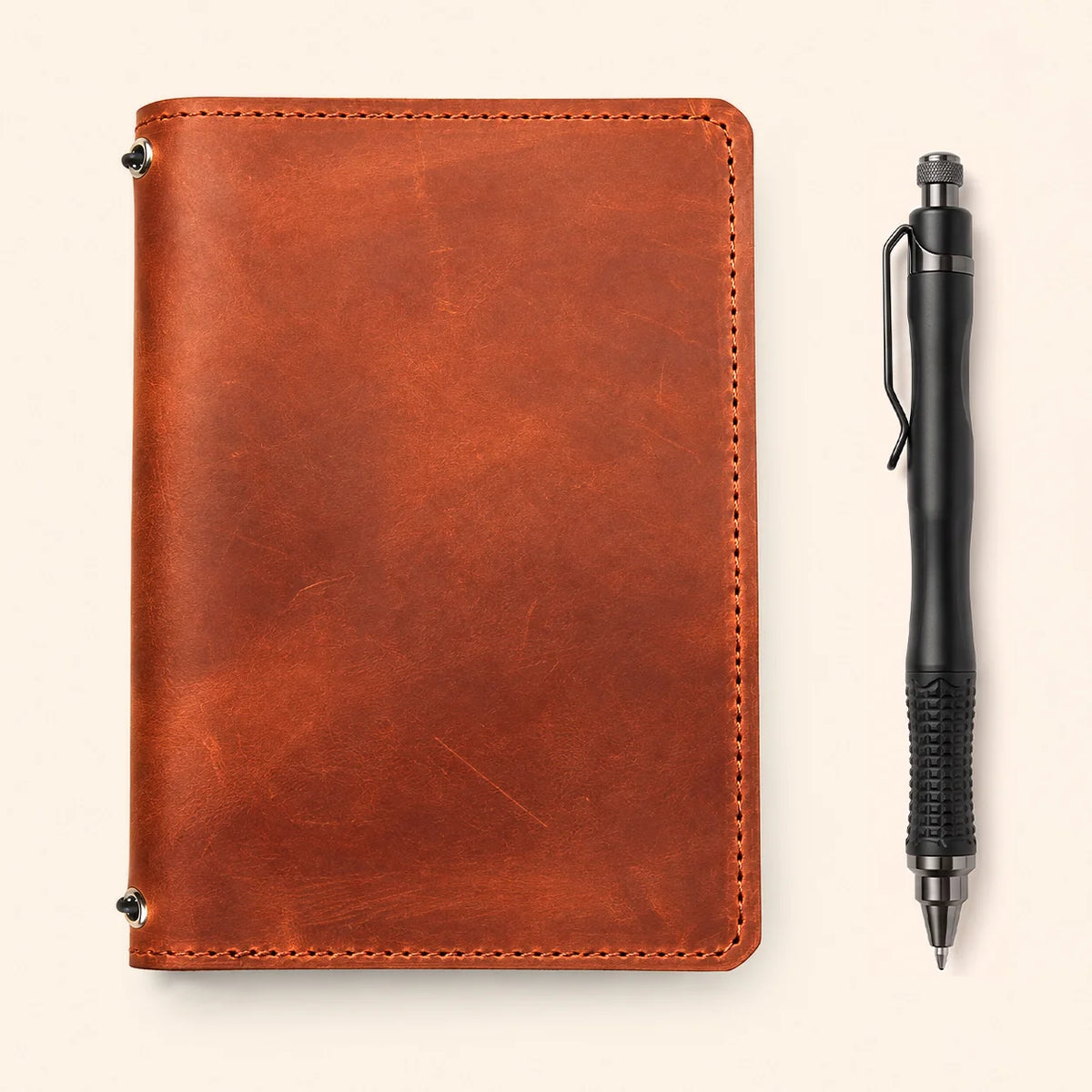 Natural genuine leather cover with two elastic bands and practical notebook pockets