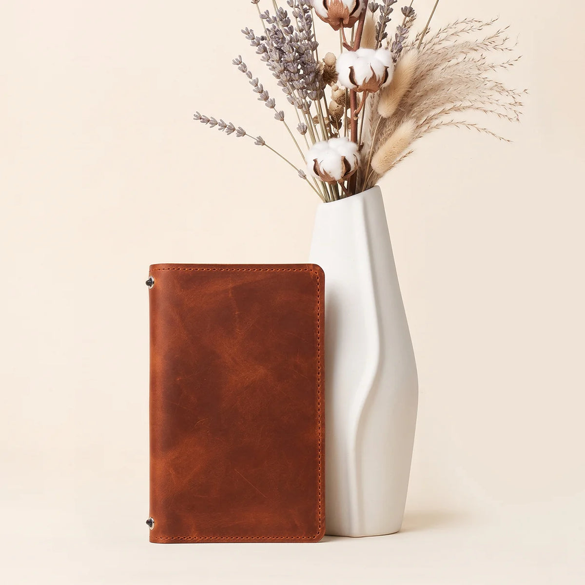 Handmade leather organizer cover with natural Crazy Horse finish and dual elastic straps