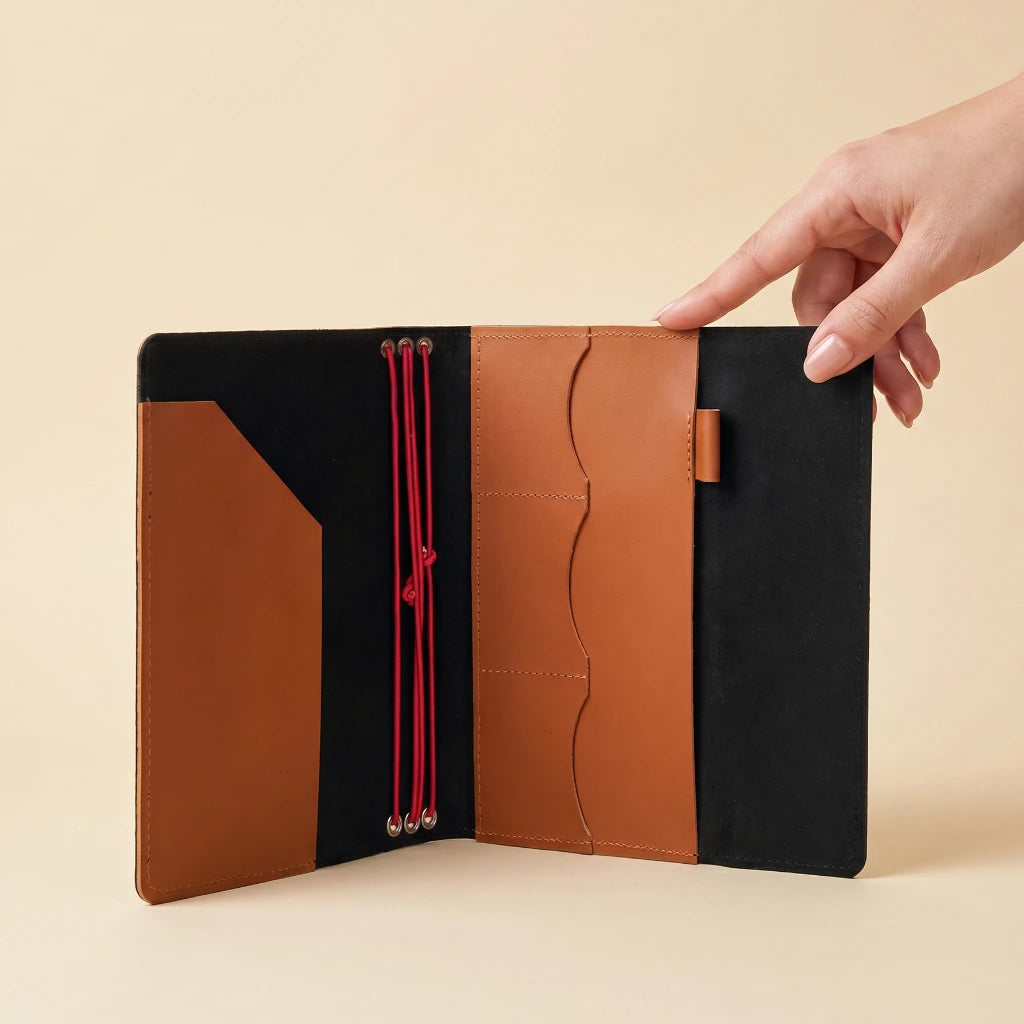 Leather notebook jacket with elastic straps, internal pockets, and convenient pen carrying loop