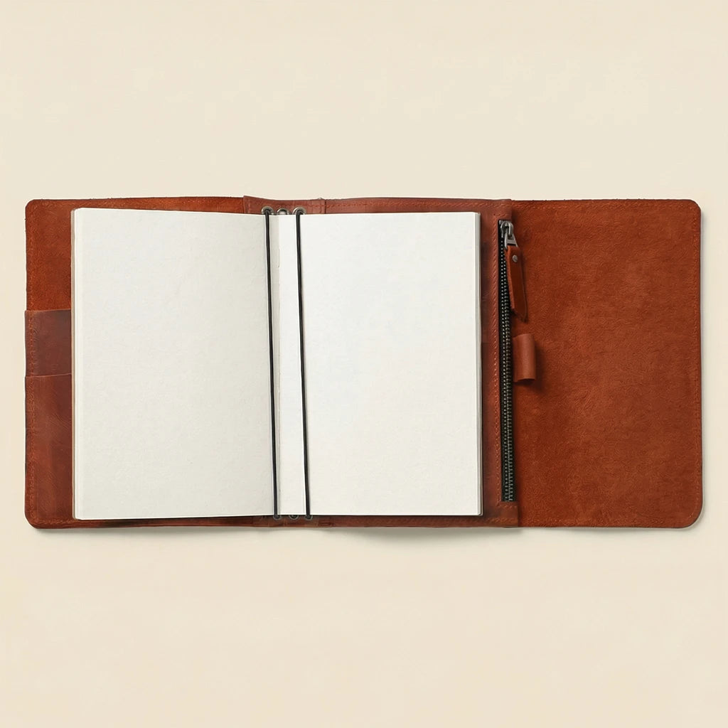 Brown leather notebook with open pages on a beige background