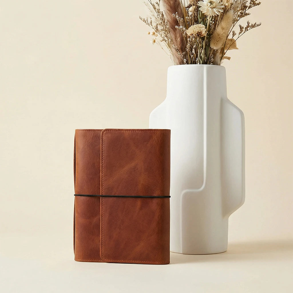 Brown leather notebook next to a white vase with dried flowers on a beige background