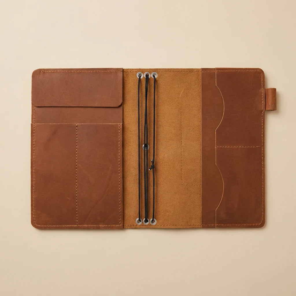 Brown leather case with earbuds on a beige background