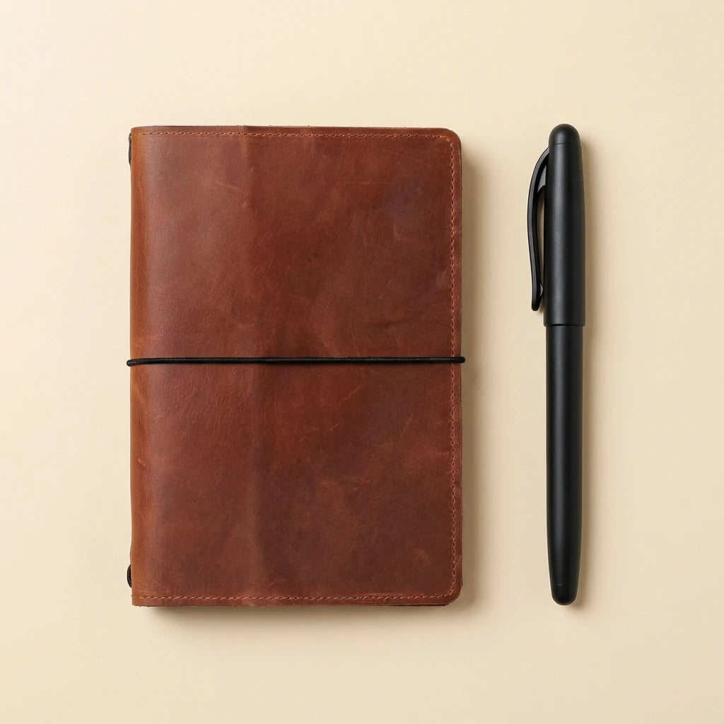 Brown leather notebook with a black pen on a beige background