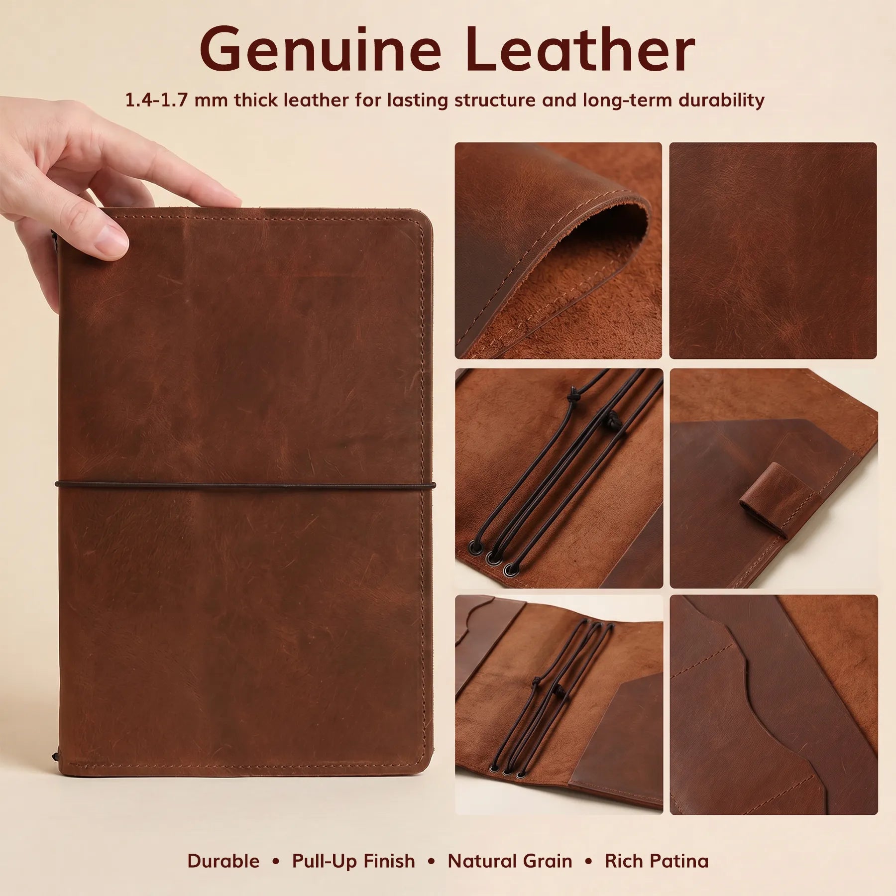Custom leather planner cover with refillable inserts and practical storage pockets