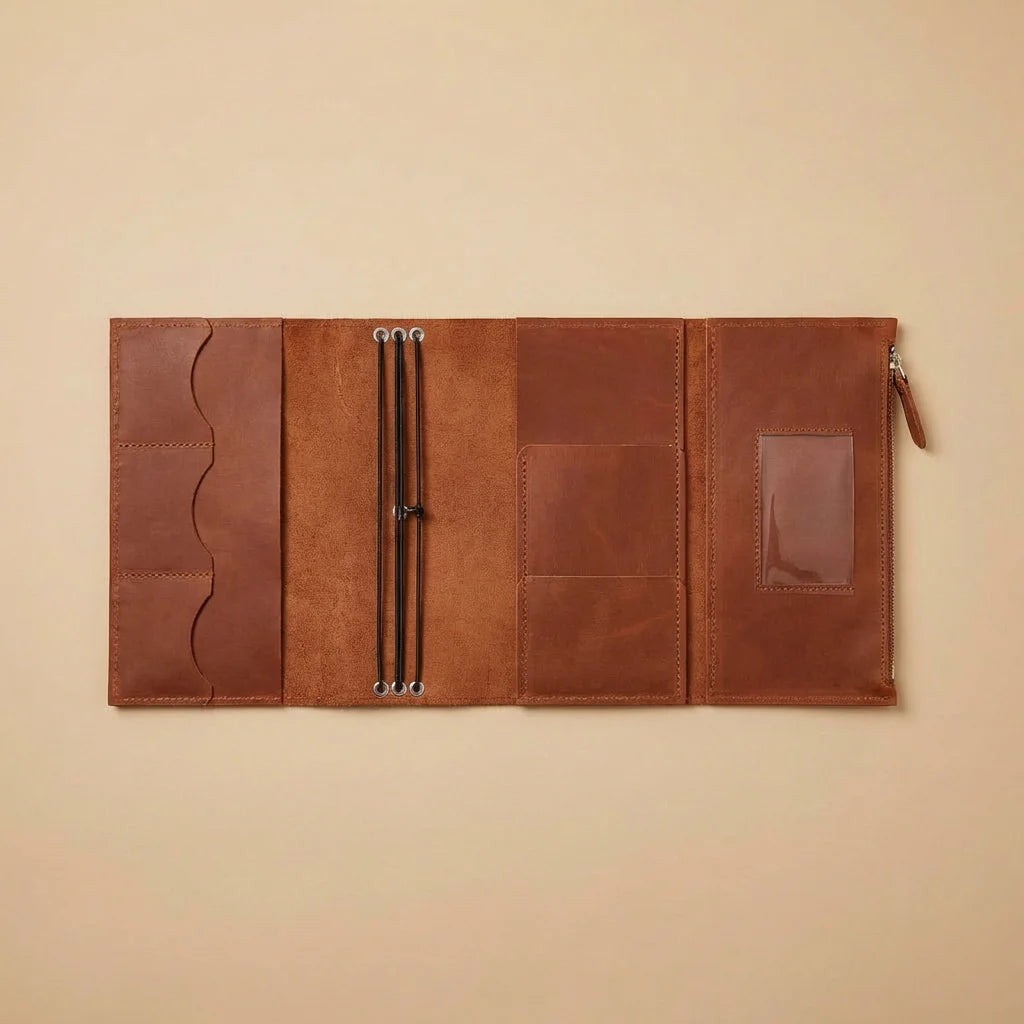 Brown leather journal cover on a beige background