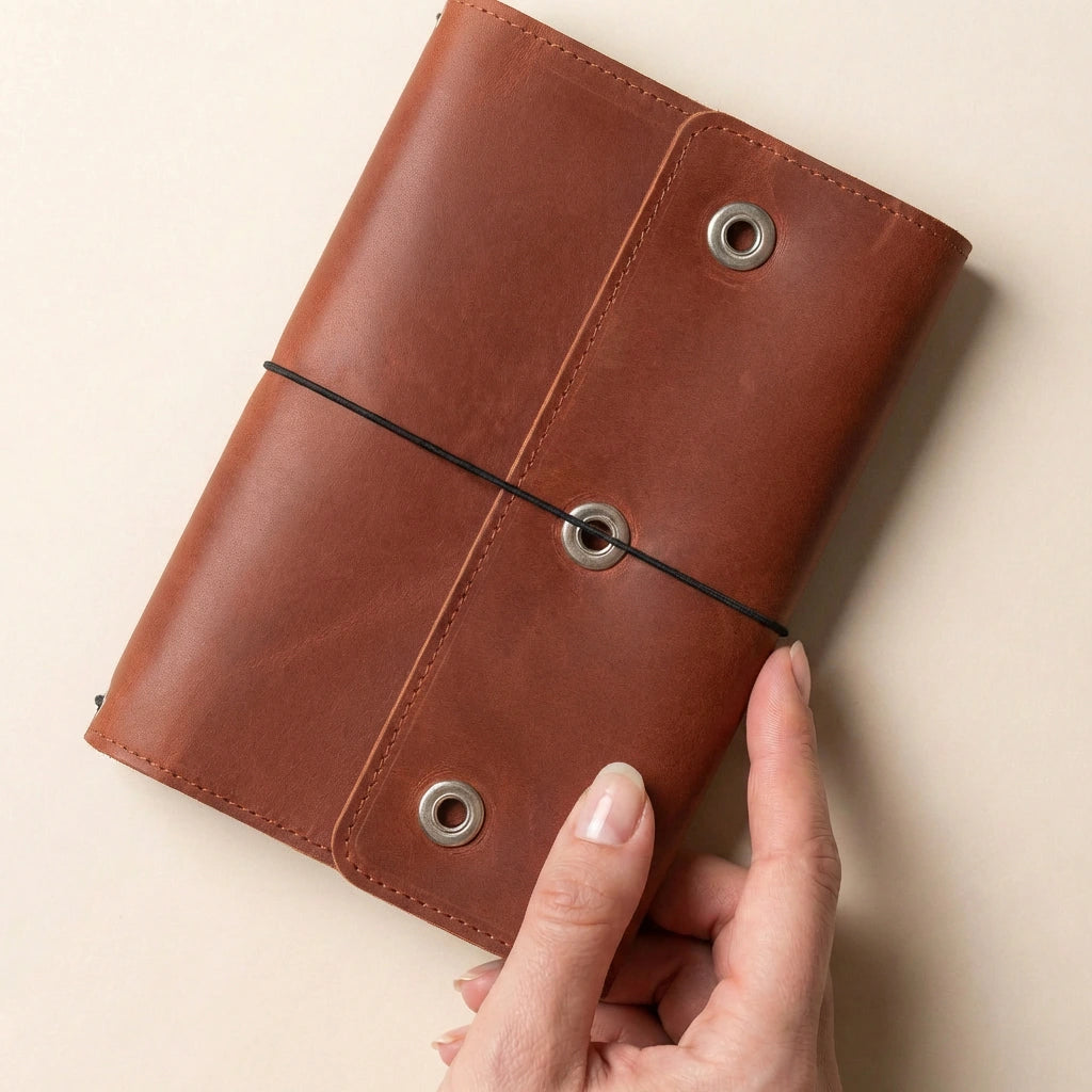 Brown leather notebook held by a hand on a beige background
