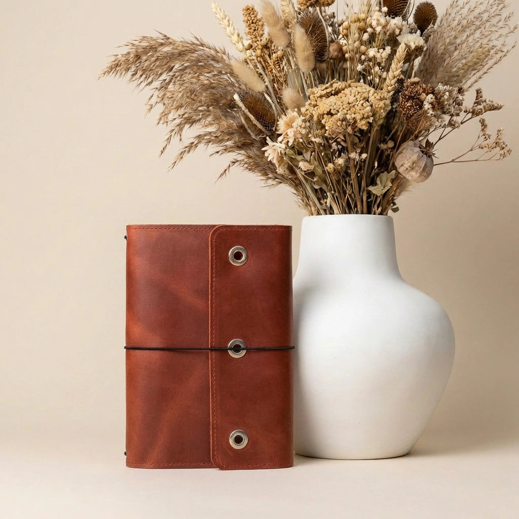 Brown leather notebook and white vase with dried flowers on a beige background
