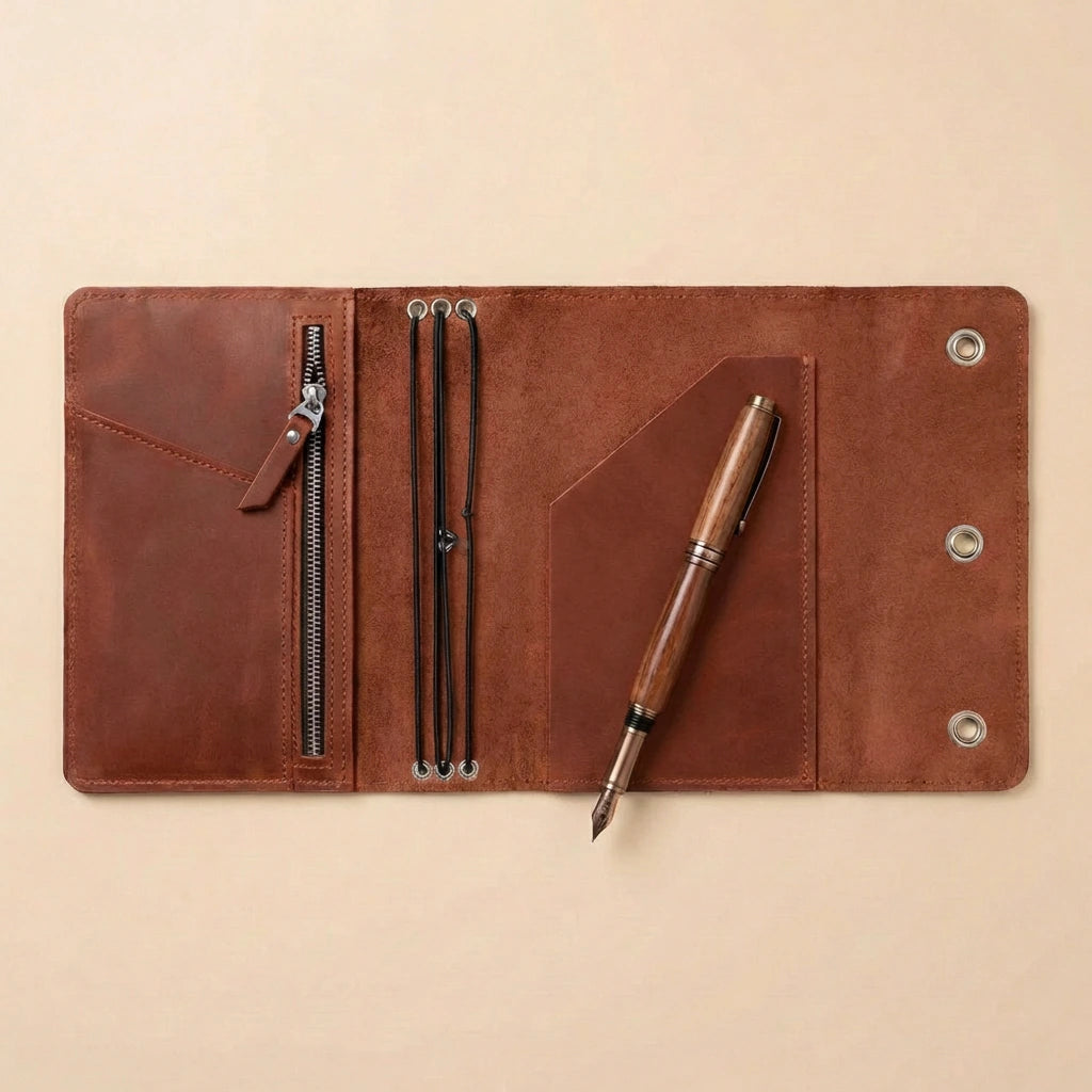 Brown leather journal cover with pen on a beige background