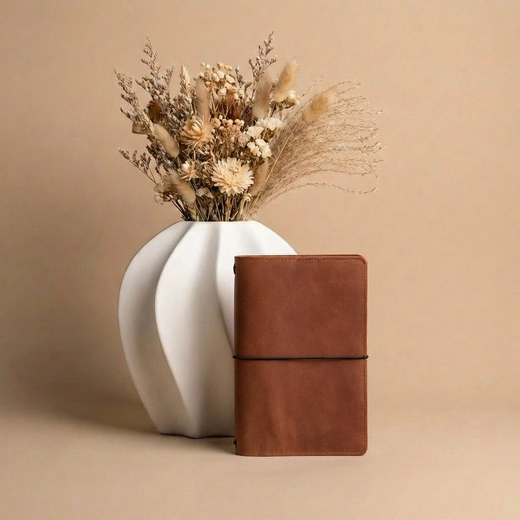 White vase with dried flowers and a brown leather notebook on a beige background