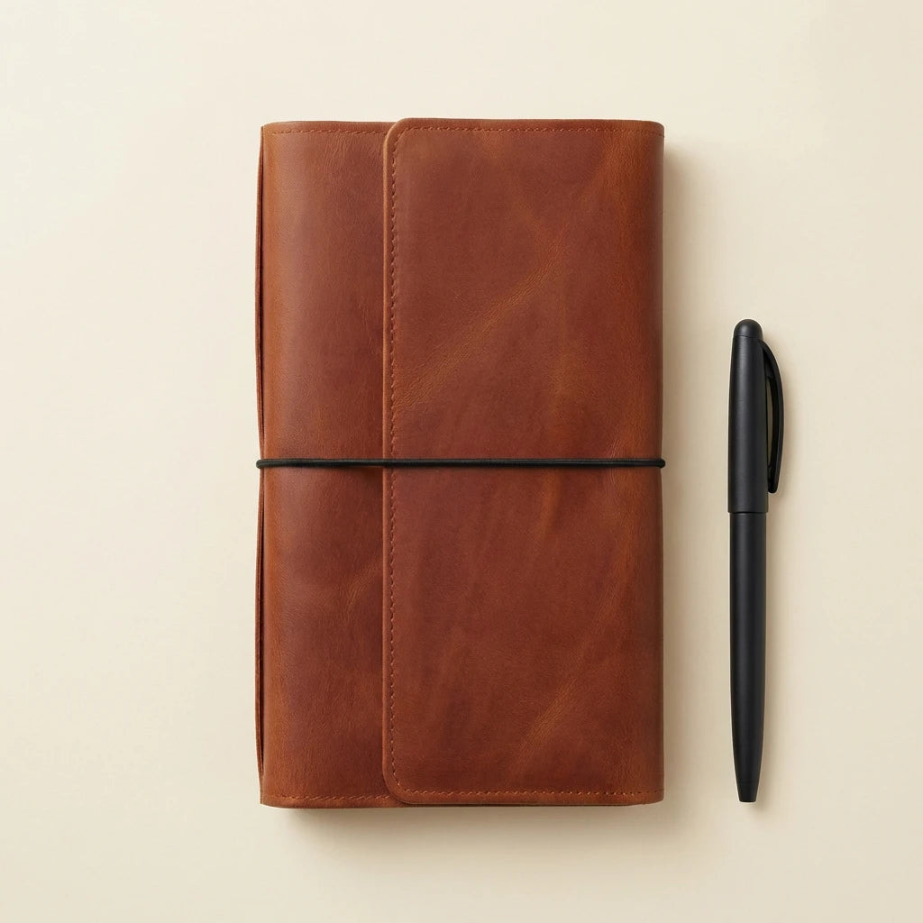 Brown leather notebook with a black pen on a beige background