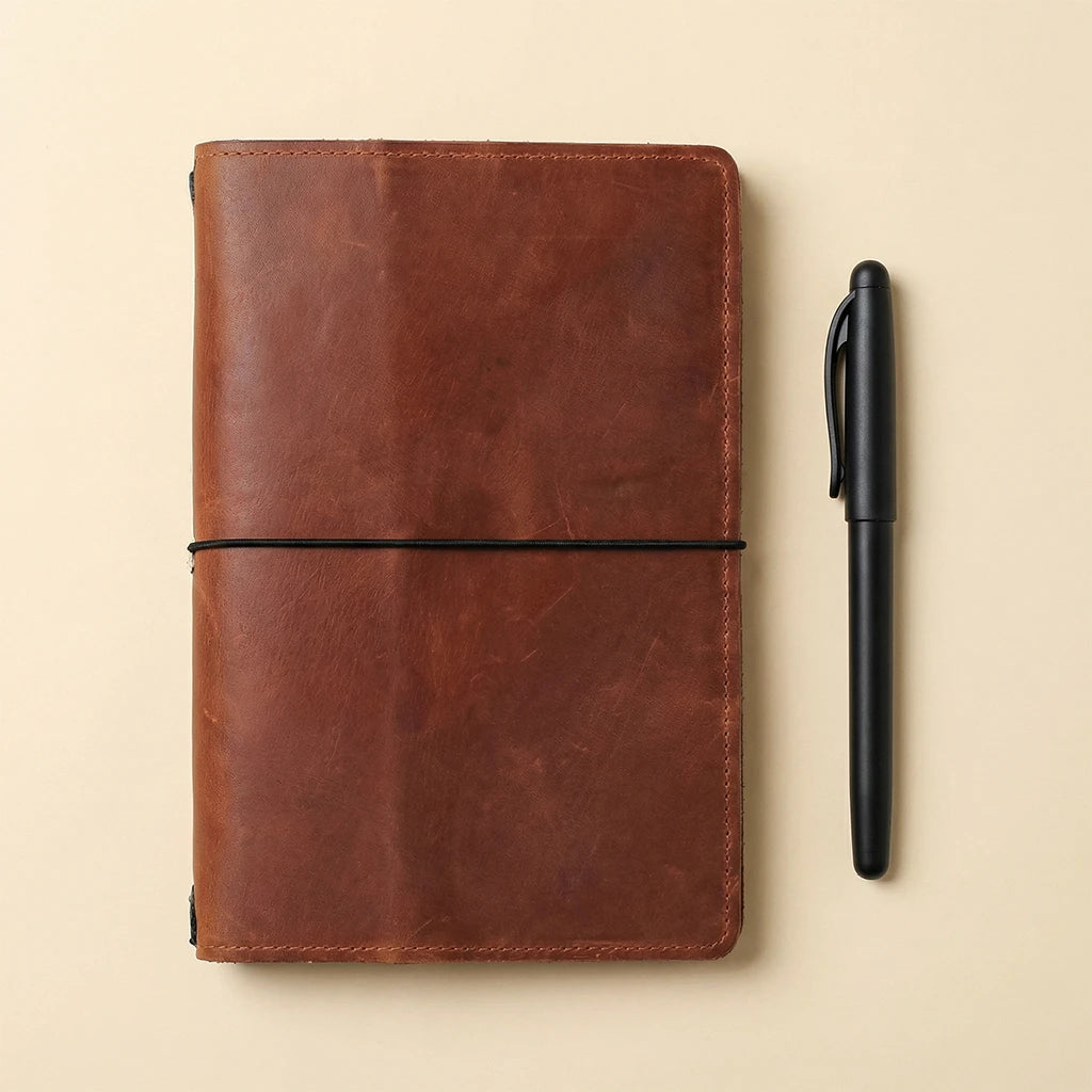 Brown leather notebook with a black pen on a beige background