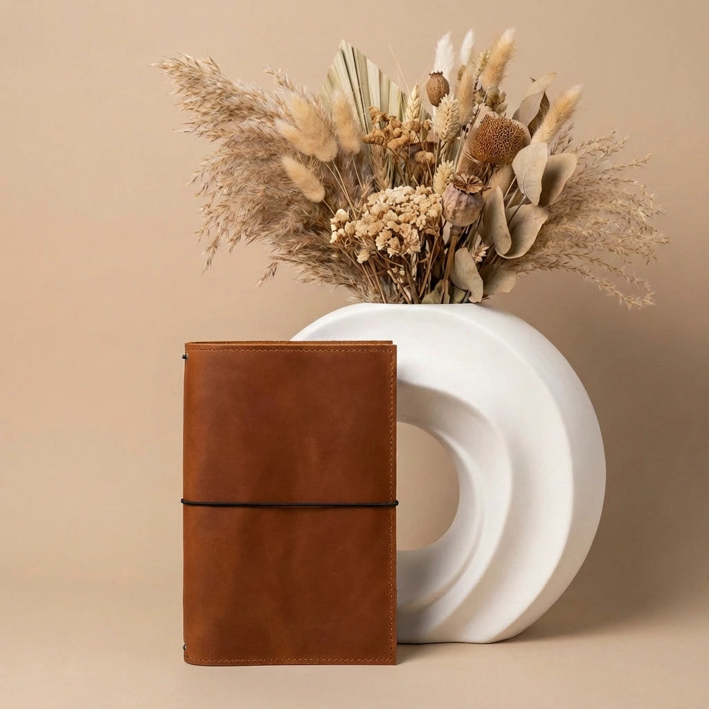 Brown leather notebook next to a white vase with dried flowers on a beige background