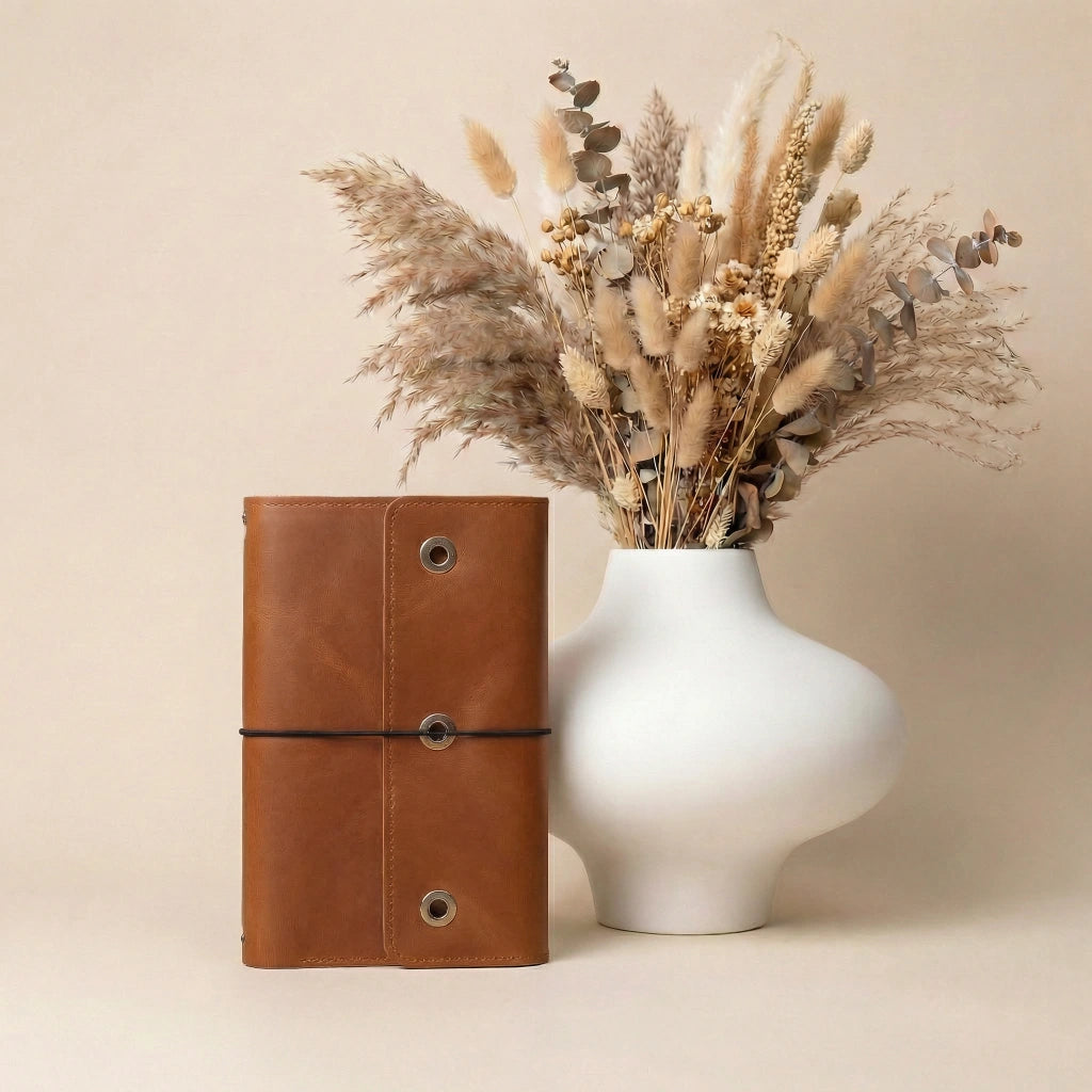 Brown leather notebook and white vase with dried plants on a beige background