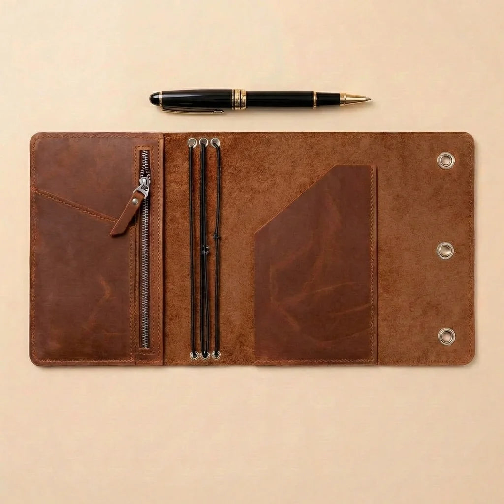 Brown leather journal with pen on a beige background