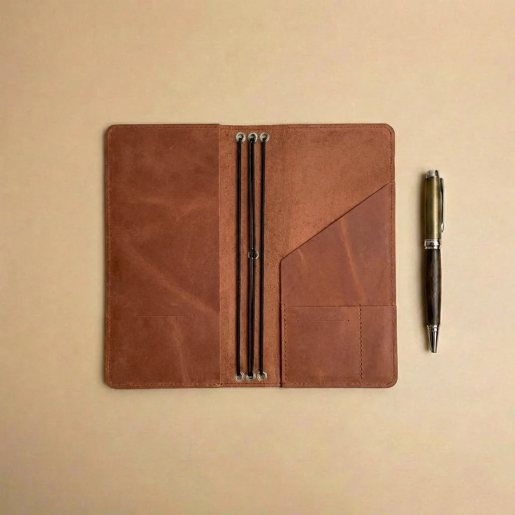 Brown leather wallet with pen holder and a pen on a beige background