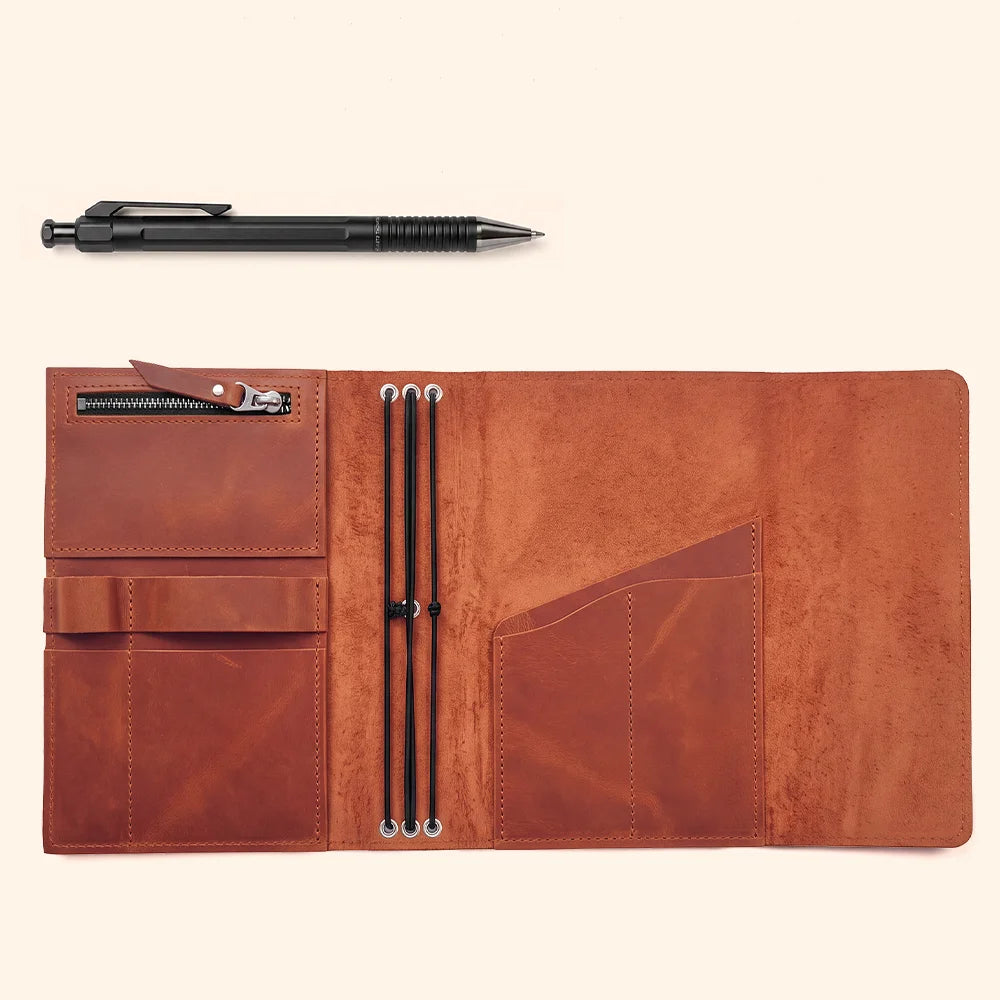 Genuine leather notebook case with multiple interior pockets and a practical pen loop