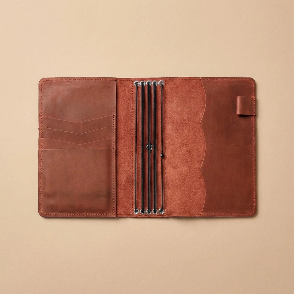Brown leather journal cover with pen holder on a beige background