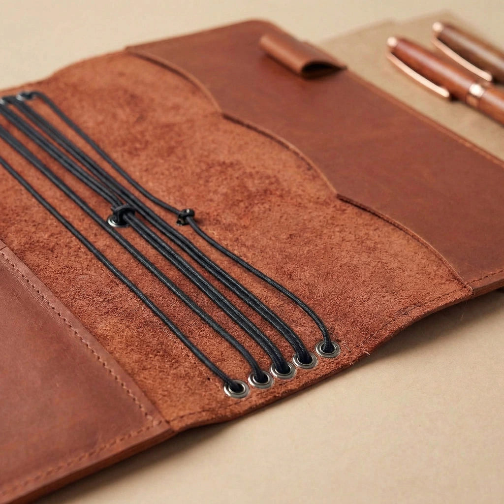 Brown leather case with black strings and a pen on a beige background