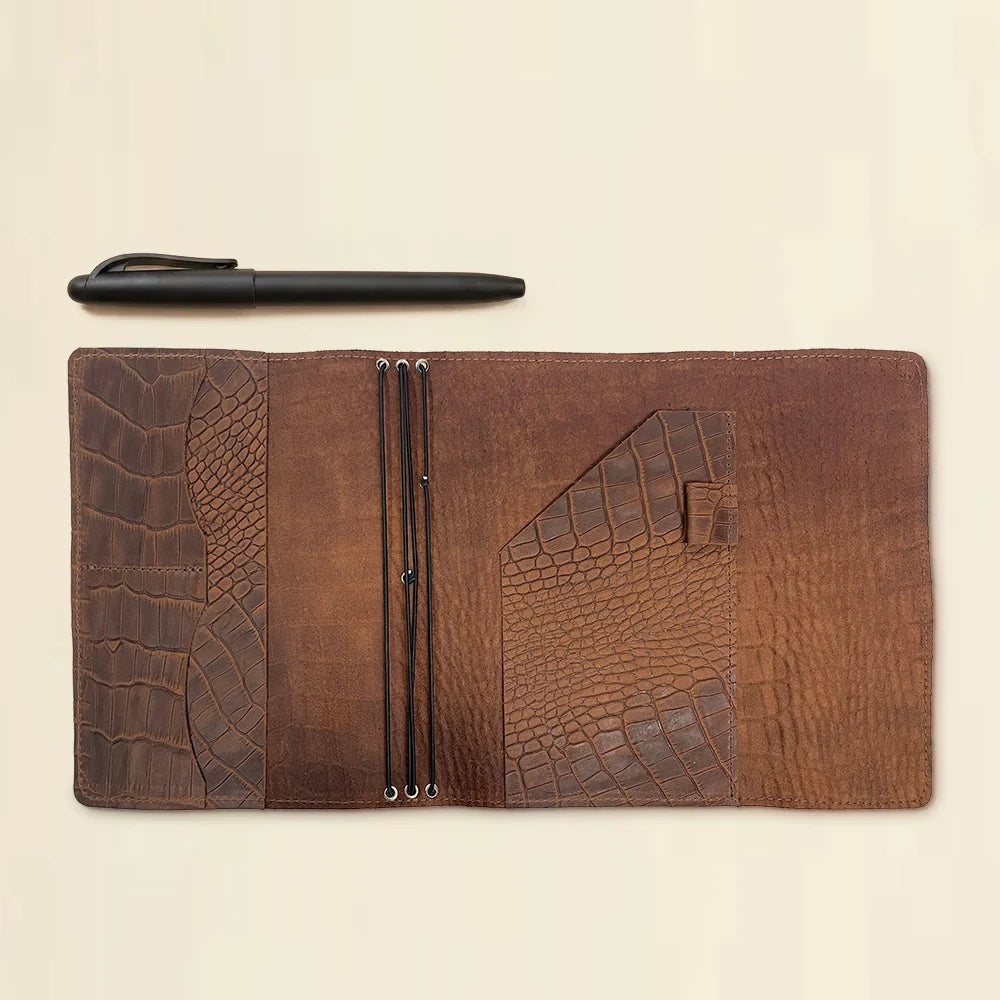 Handmade leather notebook cover with three elastic bands and convenient interior storage pockets.