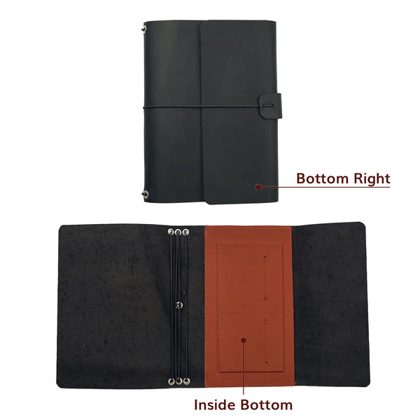 Black leather journal shown from top and bottom perspectives on a white background