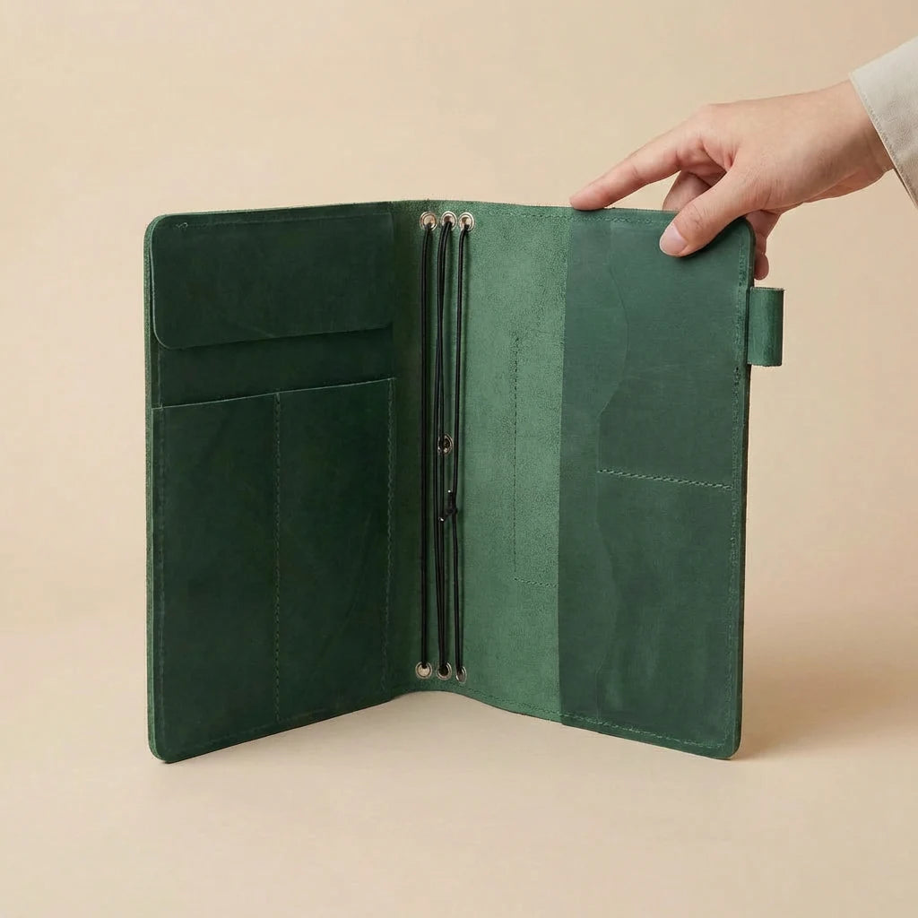 Green leather journal cover held open by a hand on a beige background