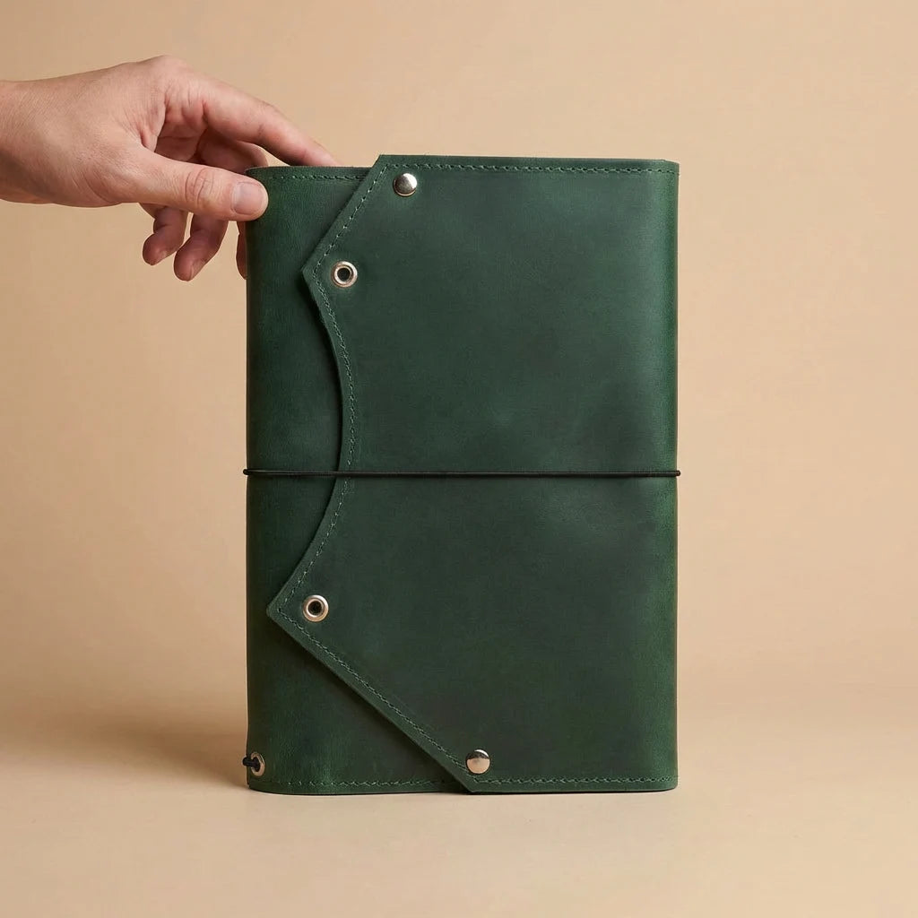 Green leather notebook held by a hand on a beige background