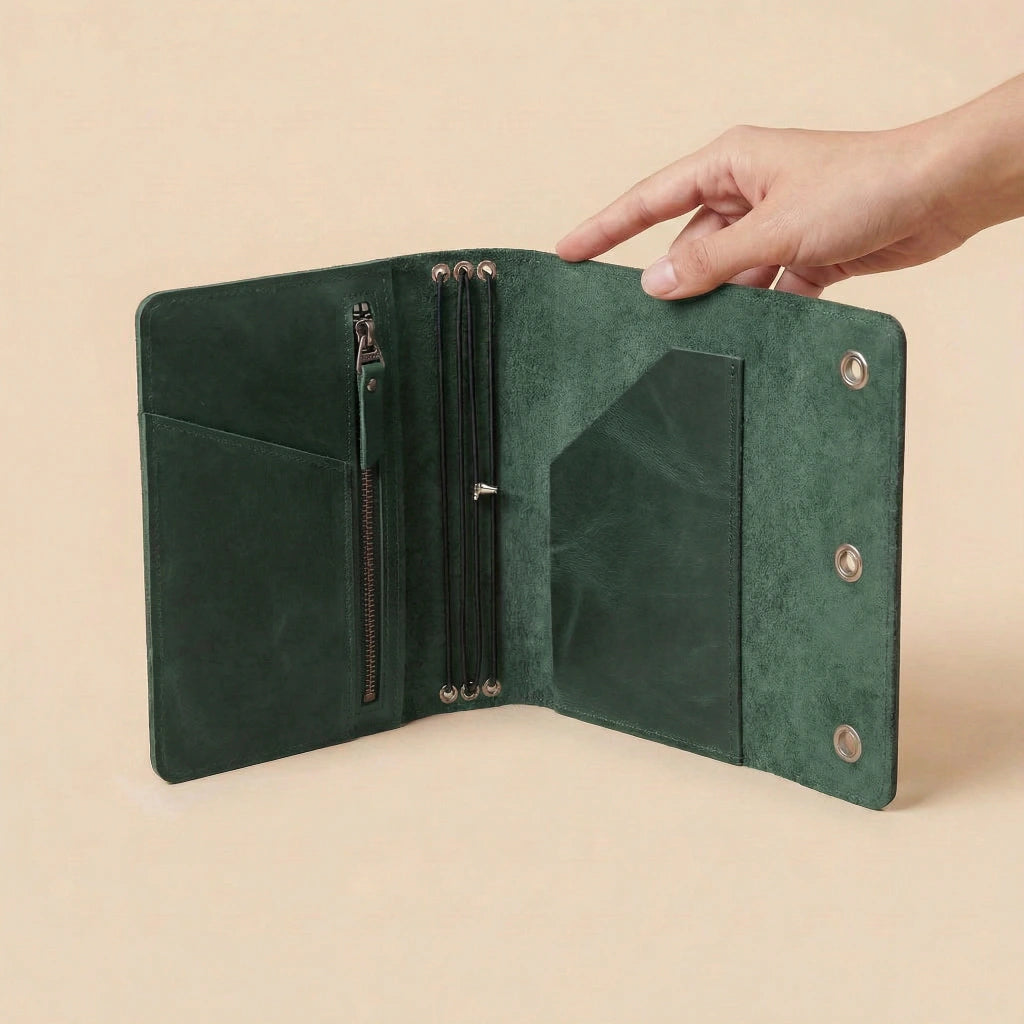 Green leather journal cover with a zipper pocket on a beige background