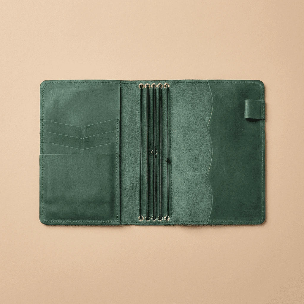 Green leather journal cover on a beige background