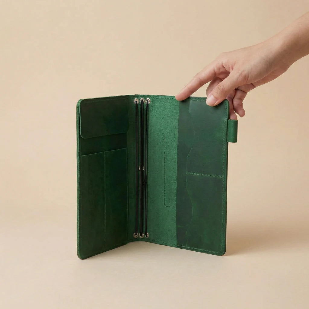 Green leather journal cover held by a hand against a beige background