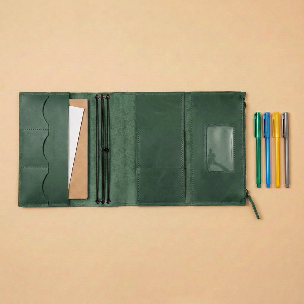 Green leather travel journal cover with pen holder and stationery on a beige background