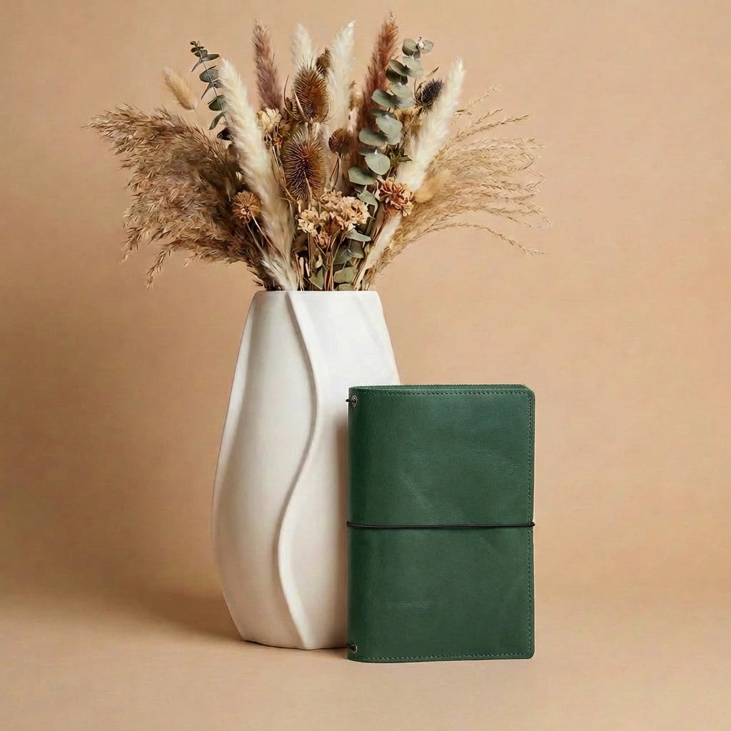 White vase with dried plants and a green leather notebook on a beige background