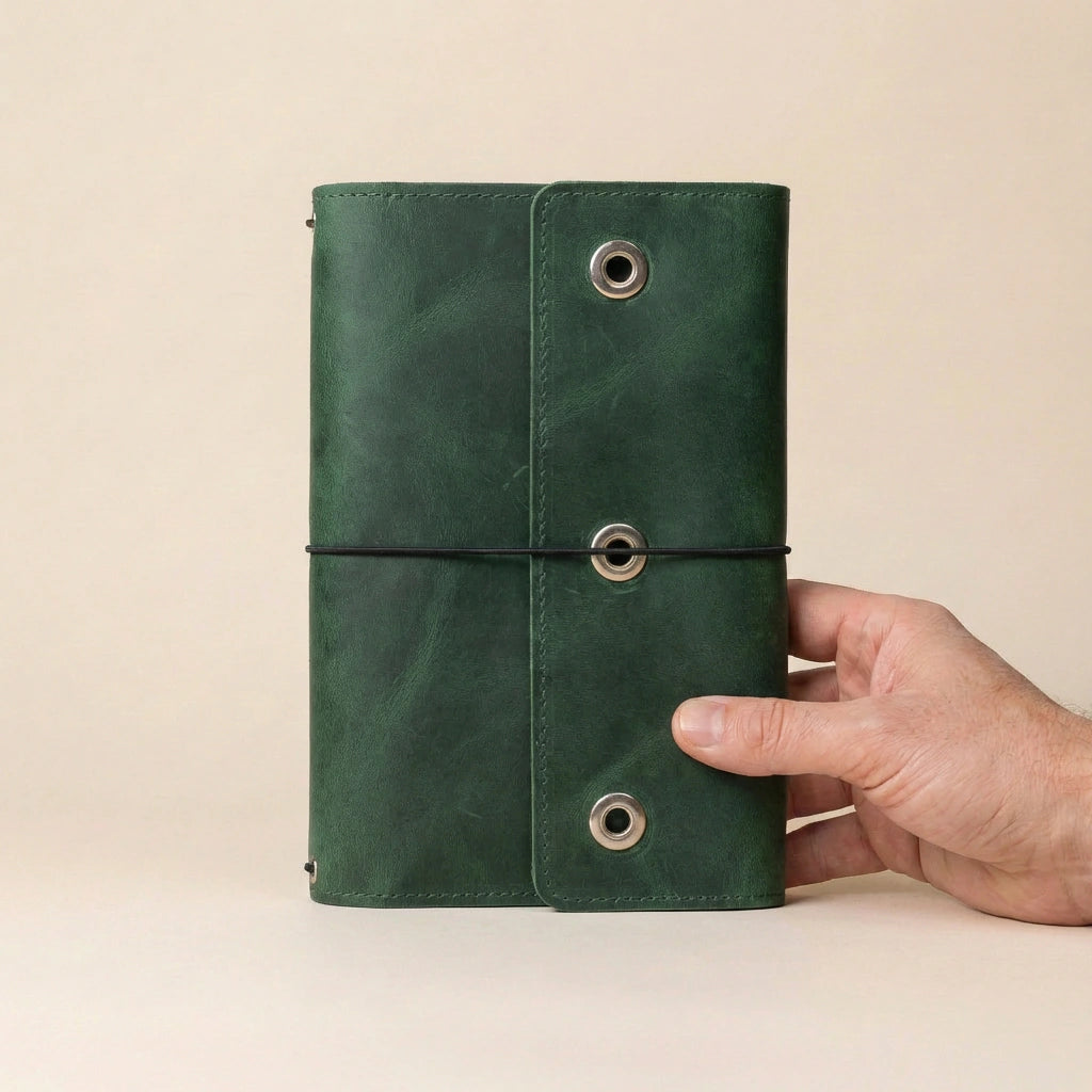 Green leather notebook held by a hand against a beige background