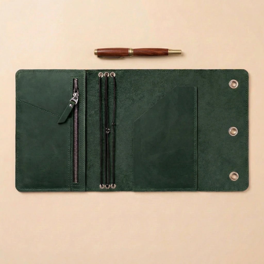 Green leather journal cover with zippers and a pen on a beige background