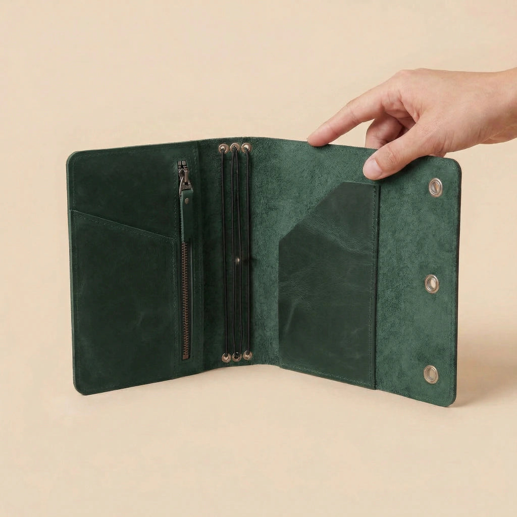 Green leather journal cover held open by a hand on a beige background